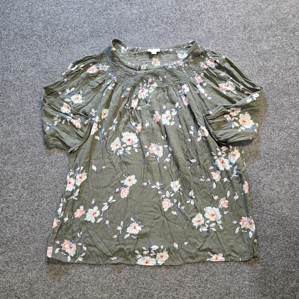 J Jill Top Womens Size Large Green Floral Smocked Long Sleeve Casual Career